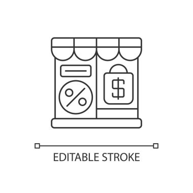 Outlet mağaza pikseli mükemmel doğrusal simge. Perakende işi, ticari hizmet. Tüketim ince çizgi özelleştirilebilir illüstrasyon. Contour sembolü. Vektör izole çizim. Düzenlenebilir vuruş
