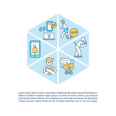 Gadget ve akıllı telefon bağımlılık konsepti ikonu. Sörf ve mesajlaşma. Sağlık zararları. PPT sayfa vektör şablonu. Broşür, dergi, kitapçık tasarım ögesi doğrusal çizimler