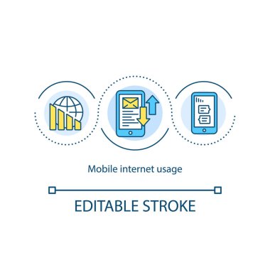 Mobil internet kullanım konsepti simgesi. Mesajlaşma fikri ince çizgi çizimi. Gadget ve akıllı telefon kullanıcısı. Şebeke. Vektör izole edilmiş RGB renk çizimi. Düzenlenebilir vuruş