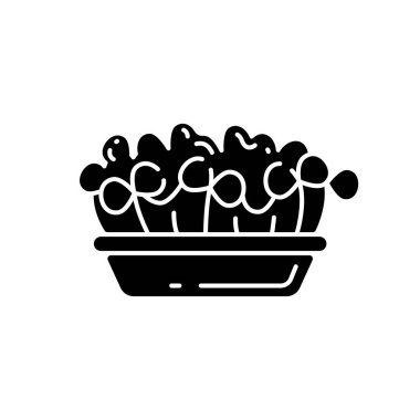 Mikroyeşiller siyah kabartma simgesi. Organik sebzeler, yemek bileşenleri. Eko gıda malzemeleri. Vejetaryen yemek planlama fikirleri. Beyaz uzayda siluet sembolü. Vektör izole illüstrasyonu