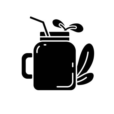 Smoothie siyah kabartma simgesi. Lezzetli organik meyveli içecek fikirleri. Çeşitli vejetaryen yemekleri. Eko yaşam tarzı. Yapraklı cam. Vejetaryen yemekleri. Beyaz uzayda siluet sembolü. Vektör izole illüstrasyonu