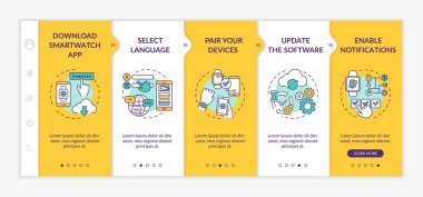Smartwatch ilk kurulum vektör şablonu. Akıllı seğirme uygulamasını indir. Eşleştirme cihazları. Simgeli ilgili mobil web sitesi. Web sayfası basamak ekranları. RGB renk kavramı