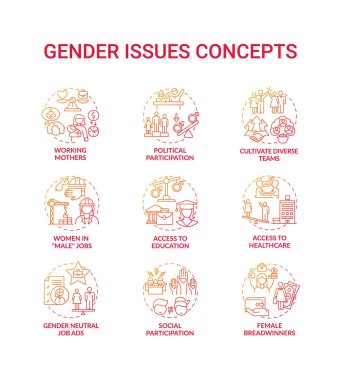 Cinsiyet sorunları konsept simgeleri ayarlandı. Cinsiyet değiştirme rolleri. Toplum etkinliklerine katılım. Komünite sorunları ince çizgi RGB renk çizimlerini belirler. Vektör izole çizimleri