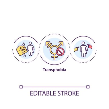 Transfobi konsepti ikonu. Sosyal ayrımcılık. Transseksüele karşı taciz ve zorbalık. Cinsiyet sorunları fikri ince çizgi çizimi. Vektör izole edilmiş RGB renk çizimi. Düzenlenebilir vuruş