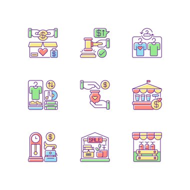 RGB renk simgeleri satılıyor. Pazarlar ve ticaret etkinlikleri. Ucuza mal almak. Hayırsever ve ticari işler. İzole vektör çizimleri