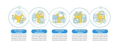 Ekran bağımlılığıyla mücadele vektör bilgi şablonu. Dijital detoks, övgü tasarım elementleri. Veri görselleştirmesi 5 adımda. Zaman çizelgesi. Doğrusal simgelerle çalışma akışı düzeni
