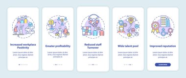 Toplumsal cinsiyet farklılığı politikası, mobil uygulama sayfası ekranında kavramlarla desteklenmektedir. Cinsiyet rolleri 5 aşamalı grafik talimatlar içeriyor. RGB renk resimleriyle UI vektör şablonu