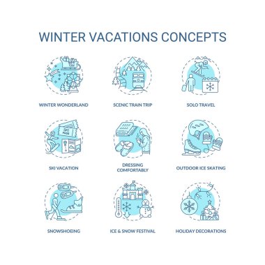 Winter vacations concept icons set. Holiday pastime idea thin line RGB color illustrations. Solo travel. Snowshoeing. Scenic train trip. Vector isolated outline drawings. Editable stroke clipart
