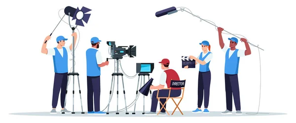 Filming Crew Semi Flat Rgb Color Vector Illustration Director Watching — Stock Vector