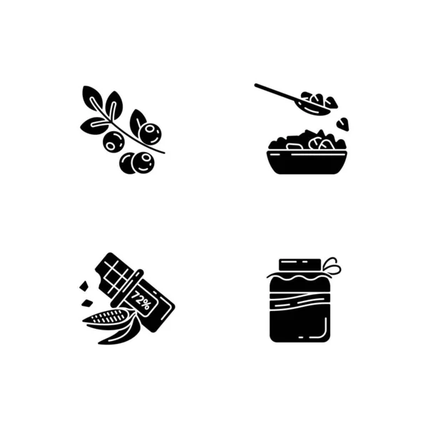 健康的素食在白色的空间上设置了黑色的石榴图标 有机浆果类型 美味的黑巧克力 Kombucha喝造物主 轮廓符号 矢量孤立的说明 — 图库矢量图片