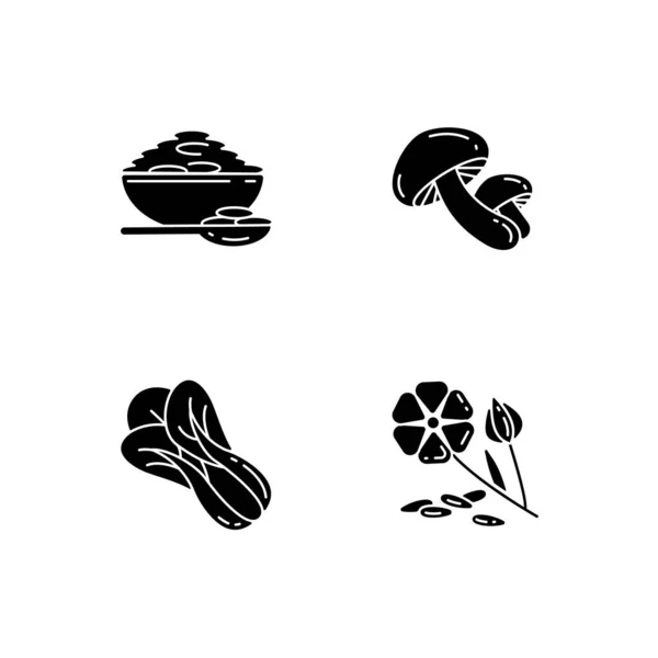 健康的な穀物黒のグリフアイコンは白い空間に設定されます 有機椎茸 エコシードの食材 天然穀物の品種 シルエットのシンボル ベクトル分離図 — ストックベクタ