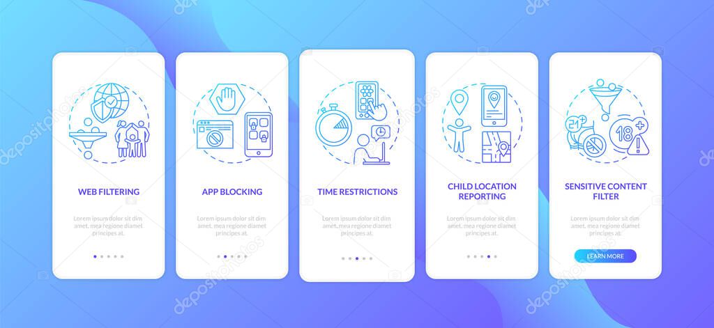 Parental control software onboarding mobile app page screen with concepts. Time control, location reporting walkthrough 5 steps graphic instructions. UI vector template with RGB color illustrations