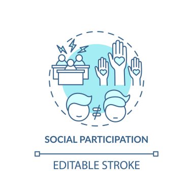 Sosyal katılım konsepti ikonu. Cinsiyet farkı kriterleri. İnsanların hayatını değiştirmenin yolları. Hareket fikri ince çizgi çizimi. Vektör izole edilmiş RGB renk çizimi. Düzenlenebilir vuruş