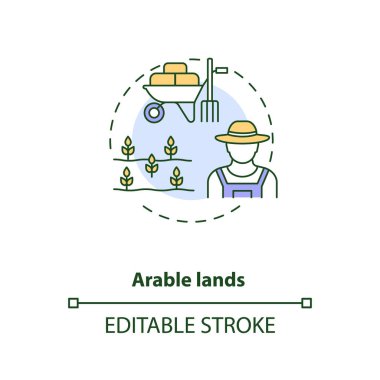 Tarıma elverişli arazi konsepti. Çiftlik üreticileri. Yiyecek yetiştirmek için ekilmiş tarlalar. Çiftçilik endüstrisi fikri ince çizgi çizimi. Vektör izole edilmiş RGB renk çizimi. Düzenlenebilir vuruş