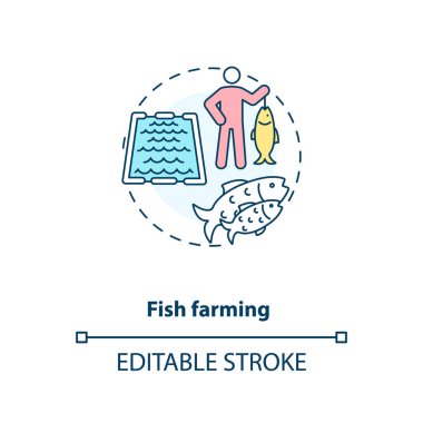 Balık çiftçiliği konsepti ikonu. Sea Foods üretim endüstrisi. Organik balıklar büyüyor. Su ürünleri fikri ince çizgi çizimi. Vektör izole edilmiş RGB renk çizimi. Düzenlenebilir vuruş
