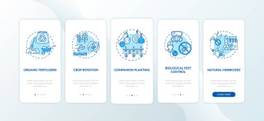 Mobil uygulama sayfası ekranında konseptlerle birlikte organik tarım ilkeleri. Eşlik eden kişi 5 adımlık grafik talimatlar veriyor. RGB renk resimleriyle UI vektör şablonu