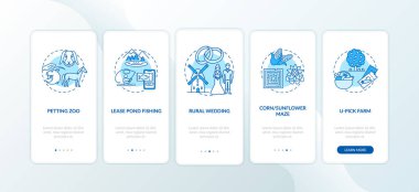 Gezici uygulama sayfasında kavramlarla birlikte tarım turizmi. Kırsal düğün. Doğal çiftlikleri seçip 5 adımlık grafik talimatlar veriyorsun. RGB renk resimleriyle UI vektör şablonu