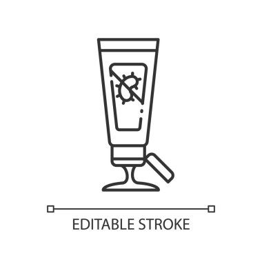 Jel el dezenfektanı doğrusal simgesi. Dezenfektan cilt bakımı ürünü. Tüpte antibakteriyel losyon. İnce çizgi özelleştirilebilir illüstrasyon. Contour sembolü. Vektör izole çizim. Düzenlenebilir vuruş