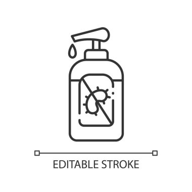 Pompa şişesi dezenfektan doğrusal ikonu. Antibakteriyel jel. Temizlik için dezenfektan. İnce çizgi özelleştirilebilir illüstrasyon. Contour sembolü. Vektör izole çizim. Düzenlenebilir vuruş