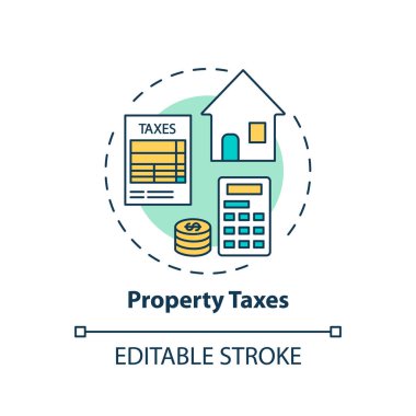 Emlak vergisi konsepti ikonu. İpotek ödeme unsuru fikri ince çizgi çizimi. Borçlular aylık ipotek faturaları. Emanet hesabı. Vektör izole edilmiş RGB renk çizimi. Düzenlenebilir vuruş