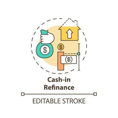 Nakit ödeme konsept ikonu. İpotek ipoteği yeniden finanse etme fikri ince çizgi çizimi. İpotek masraflarını ödemek ve kredi bakiyelerini düşürmek. Vektör izole edilmiş RGB renk çizimi. Düzenlenebilir vuruş