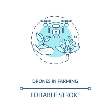 Çiftçilik konseptindeki dronlar. Tarım inovasyon fikirleri. Organik gıda yaratma teknolojisi ince çizgi çizimi fikri. Vektör izole edilmiş RGB renk çizimi. Düzenlenebilir vuruş
