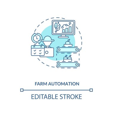 Çiftlik otomasyonu konsepti ikonu. Tarım yeniliği. Sebze ve meyve yetiştirme teknolojileri ince çizgi çizimi. Vektör izole edilmiş RGB renk çizimi. Düzenlenebilir vuruş