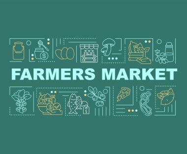 Çiftçiler sancak kavramını pazarlarlar. Doğal ürünler. Yemek işi. Taze tarım ürünü. Yeşil arkaplanda doğrusal simgeleri olan bilgi grafikleri. İzole tipografi. Vektör çizgisi RGB renk çizimi
