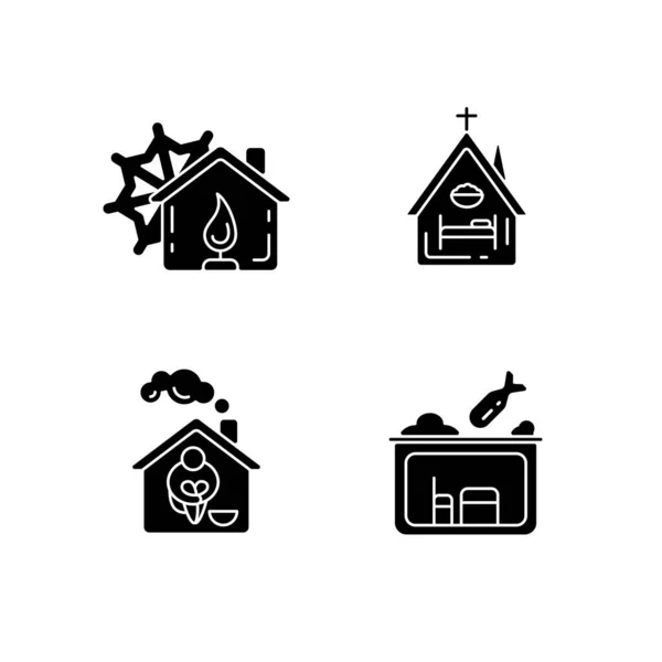 Temporary Supportive Housing Black Glyph Icons Set White Space Warming — Stock Vector