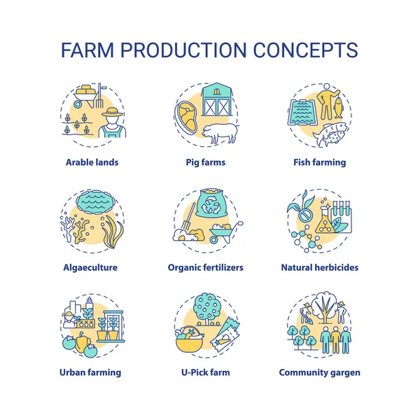 Set Icone Del Concetto Produzione Agricola Risorse Naturali Giardinaggio Coltivazione — Vettoriale Stock
