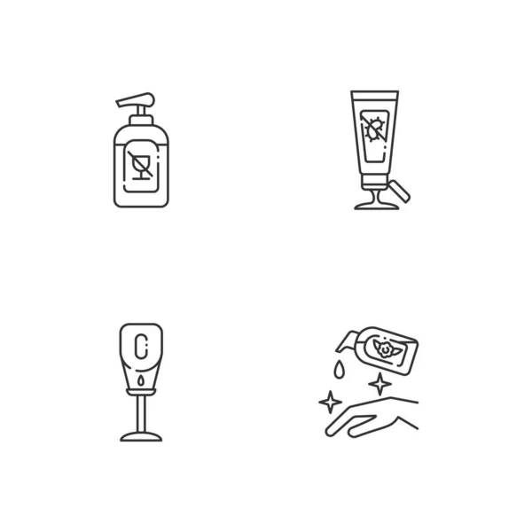 Disinfectant Hand Sanitizers Linear Icons Set Alcohol Free Liquid Soap — Stock Vector