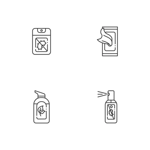 Set Icone Lineari Disinfettanti Mani Antibatteriche Gel Disinfettante Tascabile Lavaggio — Vettoriale Stock