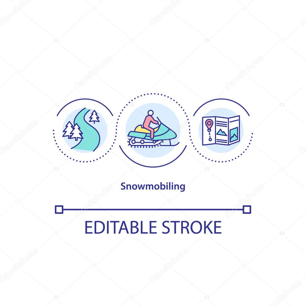 Snowmobiling concept icon. Extreme hobby. Snowmobile tour. Mountains trip. Winter sport activity idea thin line illustration. Vector isolated outline RGB color drawing. Editable stroke