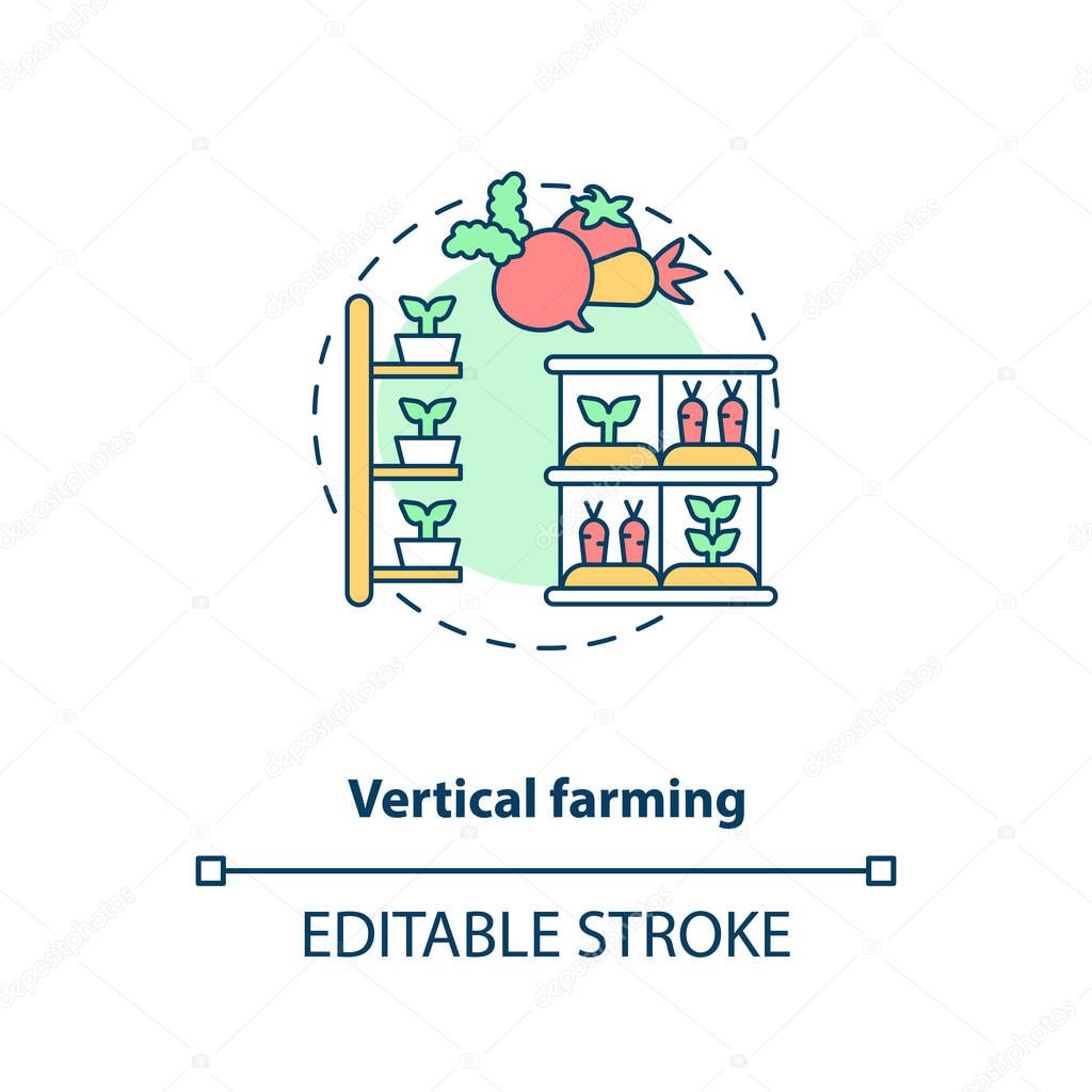 Vertical farming concept icon. Practice of growing crops in vertically stacked layers. Urban farming idea thin line illustration. Vector isolated outline RGB color drawing. Editable stroke