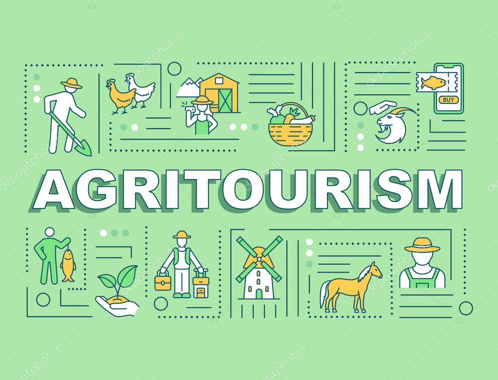 Agritourism word concepts banner. U-Pick farm. Petting zoo. Tourism activities. Infographics with linear icons on green background. Isolated typography. Vector outline RGB color illustration