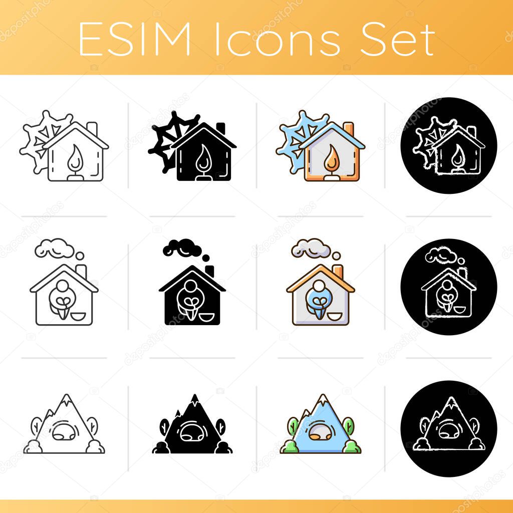 Human shelters icons set. Warming center. Supportive housing for homeless people. Rockhouse. Camping. Abri. Safety and protection. Linear, black and RGB color styles. Isolated vector illustrations