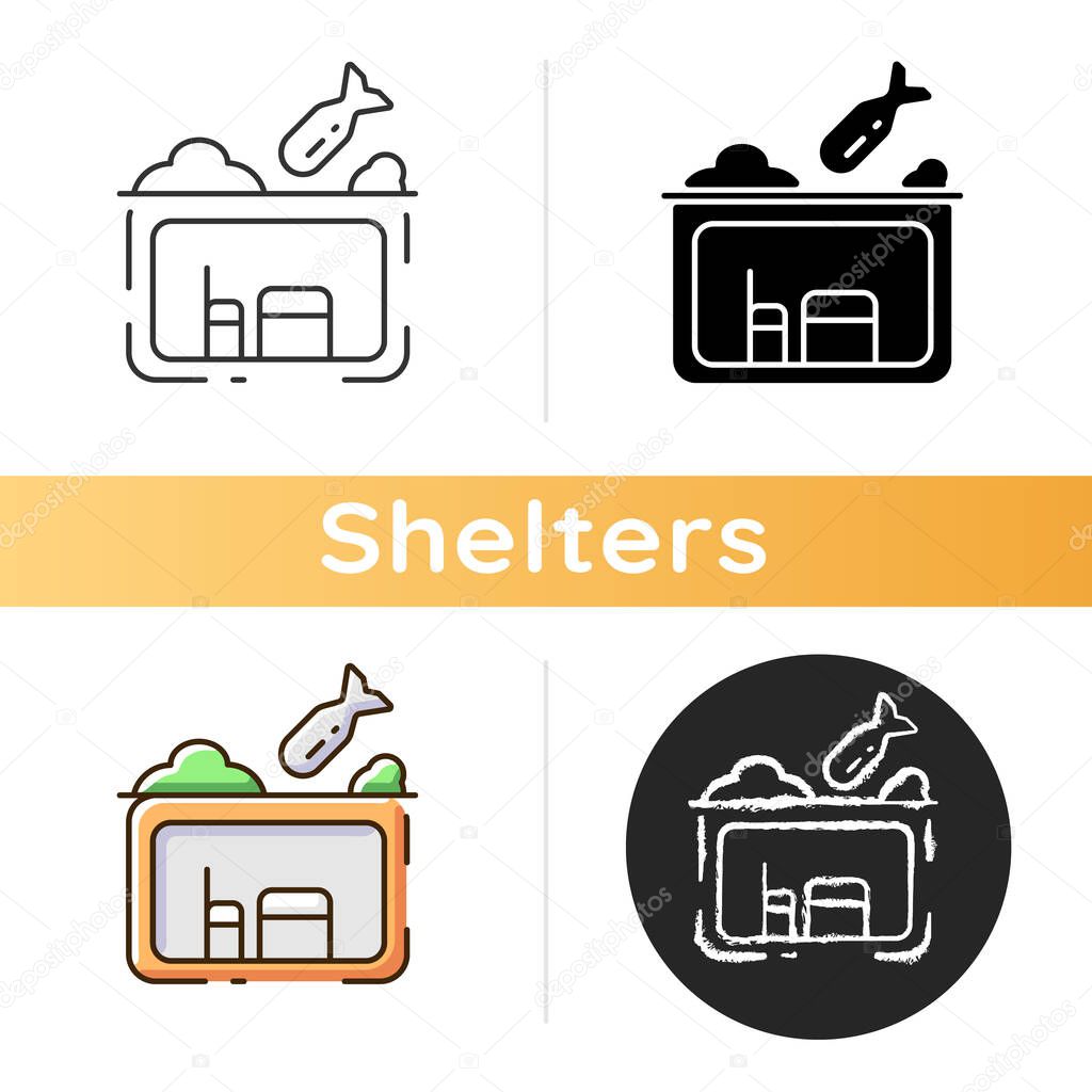 Bomb shelter icon. Bunker. Civil defence measures. Protection against bomb effects. Nuclear fallout. Room underground. Linear black and RGB color styles. Isolated vector illustrations