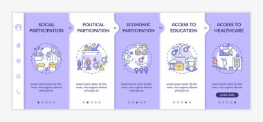 Cinsiyet farkı kriterleri vektör şablonunda. Sosyal katılım. Eğitime erişim. Simgeli ilgili mobil web sitesi. Web sayfası basamak ekranları. RGB renk kavramı