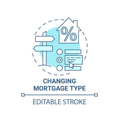 İpotek konsepti simgesi değiştiriliyor. İpotek kredisini yeniden finanse etme fikri ince çizgi çizimi. Yeniden ipotek. Kredi türü değiştiriliyor. Vektör izole edilmiş RGB renk çizimi. Düzenlenebilir vuruş