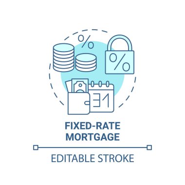 Sabit fiyatlı ipotek konsepti ikonu. Krediyle ilgili ince çizgi çizimi. Tam amortisman kredisi. Tahmin edilebilir aylık ödemeler. Vektör izole edilmiş RGB renk çizimi. Düzenlenebilir vuruş