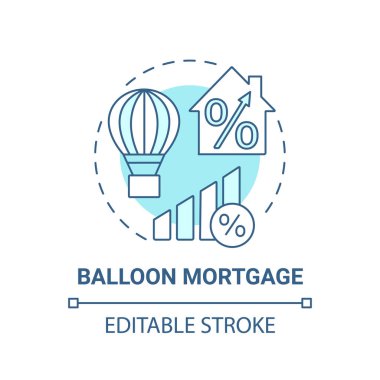 Balon ödemesi konsepti ikonu. Krediyle ilgili ince çizgi çizimi. Finansman mekanizması. Ucuz kredi. Faiz oranı düşük. Vektör izole edilmiş RGB renk çizimi. Düzenlenebilir vuruş