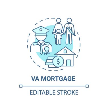 VA mortgage konsept ikonu. Gaziler fikir ince çizgiler çiziyor. Doğrudan ev kredisi. Askeri haklar. Yenileme oranı. Vektör izole edilmiş RGB renk çizimi. Düzenlenebilir vuruş
