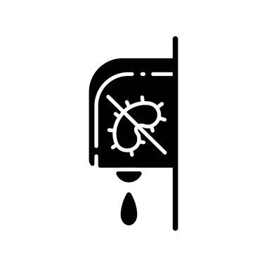 Duvara asılmış dezenfektan simgesi. Dokunulmaz otomatik dağıtıcı. Banyoda sıvı sabun. Banyo hijyenik ürünleri. Beyaz uzayda siluet sembolü. Vektör izole illüstrasyonu