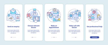 Telemedikal danışma, mobil uygulama sayfa ekranına konseptlerle yükleniyor. Uzaktan kumandalı tıp 5 aşamalı grafik talimatlar. RGB renk resimleriyle UI vektör şablonu