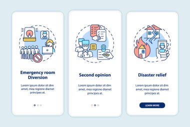 Teletıp uzmanları, mobil uygulama sayfa ekranında kavramlarla birlikte. İnovasyon tıbbi servisi 3 aşamalı grafik talimatları gözden geçiriyor. RGB renk resimleriyle UI vektör şablonu