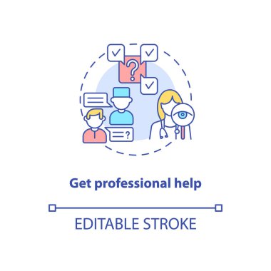 Profesyonel yardım kavramı ikonu al. Telekomedikal danışma adımları. Geleceğin doktor servisi. Tıbbi gelişim fikri ince çizgi çizimi. Vektör izole edilmiş RGB renk çizimi. Düzenlenebilir vuruş