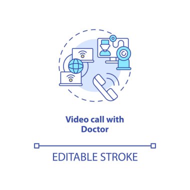 Doktor konsept ikonu ile video görüşmesi. Telekomedikal danışma adımları. İnovasyon tıbbi servisi. Uzaktan doktor fikri ince çizgi çizimi. Vektör izole edilmiş RGB renk çizimi. Düzenlenebilir vuruş