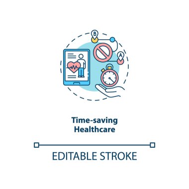 Zaman tasarrufu konsepti ikonu. Telekomedikal danışma adımı. Acil servis doktoru erişimi. Fütürist tıp fikri ince çizgi çizimi. Vektör izole edilmiş RGB renk çizimi. Düzenlenebilir vuruş