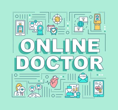 Çevrimiçi doktor kelimeleri afiş kavramları. Evden çıkmadan sağlık hizmetleri. Reçete internette. Yeşil arkaplanda doğrusal simgeleri olan bilgi grafikleri. İzole tipografi. Vektör çizgisi RGB renk çizimi