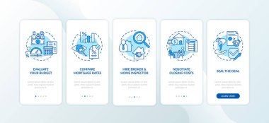 İlk defa ev alıcısı, mobil uygulama sayfa ekranında konseptlerle ilgili ipuçları veriyor. Bütçeleme, ev denetçisini işe al. 5 aşamalı grafik talimatlar. RGB renk resimleriyle UI vektör şablonu